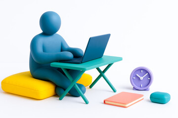 Digital figure working on laptop at small desk with clock and notebook nearby, creating scene of remote work and digital nomad lifestyle, emphasizing comfort and productivity in modern setting