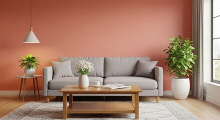 Modern living room featuring a grey sofa, wooden coffee table, and vibrant plants against a coral wall