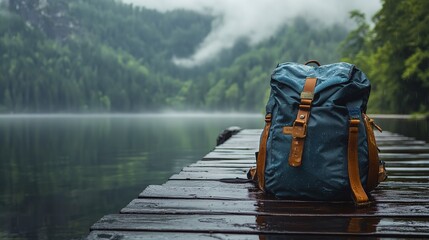 Waterproof backpack rests on a lakeside dock surrounded by misty mountains and lush greenery