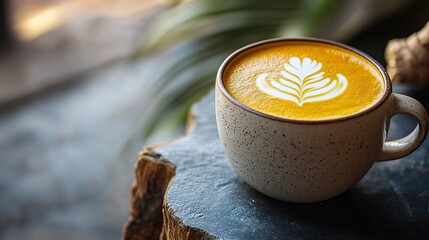 Delicious turmeric latte served in a ceramic mug on a rustic wooden surface in a cozy cafe setting