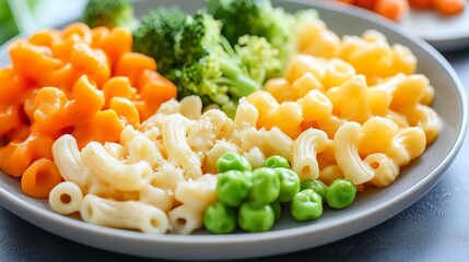 Veggie-packed mac and cheese for kids featuring colorful carrots, peas, and broccoli on a plate