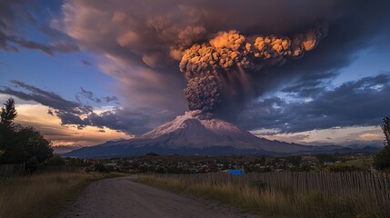 Eruption of a volcano under a darkened ash-filled sky during sunset near a rural landscape