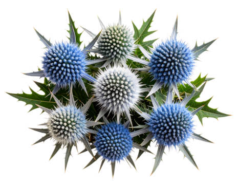 Top-Down Flat Lay of Sea Holly Bouquet in Cool Tones, isolated PNG.Transparent the background.