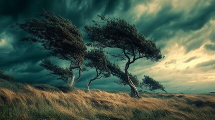 Storm winds bending trees under an ominous sky at dusk creating a dramatic landscape