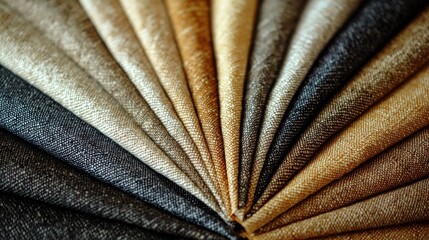 Organic cotton weave fabric swatches fanned geometric arrangement overhead natural variations neutral earth tones different densities soft lighting