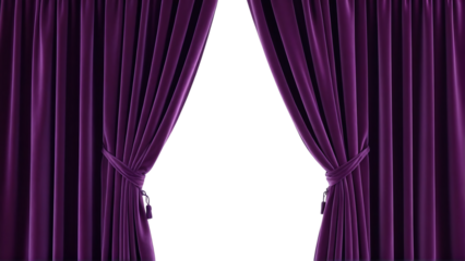 Luxurious purple velvet curtains parted to reveal a dark space isolated on transparent background