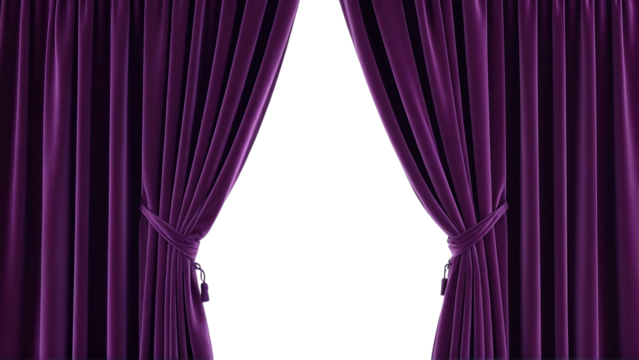 Luxurious purple velvet curtains parted to reveal a dark space isolated on transparent background