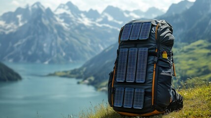 Travel backpack equipped with solar panels rests against a beautiful mountain backdrop by the lake