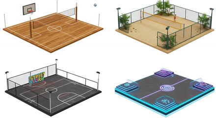 Four isometric basketball court designs