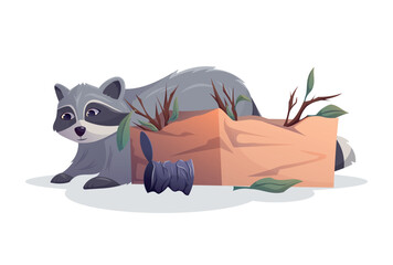 Cartoon Raccoon Nesting in Cardboard Box with Sticks and Trash. Cute Vector Wildlife Animal Living Among Urban Waste. Perfect for Environmental, Education, or Pest Control Concepts.