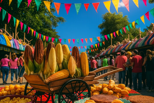 Vibrant Festa Junina fair: corn-cob carts and colorful tents draped with flags. A celebration of the harvest and folk culture.