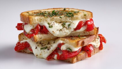 Two slices of toasted bread sandwich with melted mozzarella and roasted red peppers.  Melted cheese, herbs, and spices