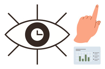 Eye with embedded clock symbolizing time observation, pointing hand indicating focus, and bar graph chart dashboard. Ideal for analytics, time tracking, productivity, focus, data insight, planning