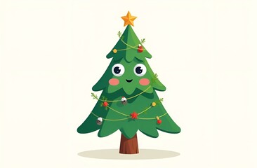 Fototapeta premium Cheerful cartoon Christmas tree character with a big smile, adorned with colorful ornaments and a star on top, spreading holiday joy and festive spirit in a whimsical design