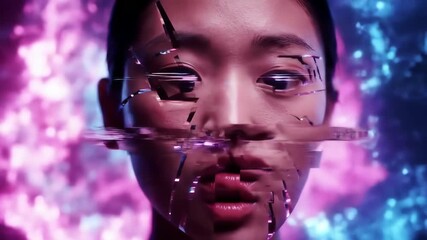 Futuristic cyberpunk portrait of a beautiful Asian cyborg with a shattered glitching face - Powered by Adobe