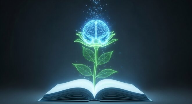 An open book with a glowing, stylized plant growing from it, topped with a brain, representing knowledge and growth.