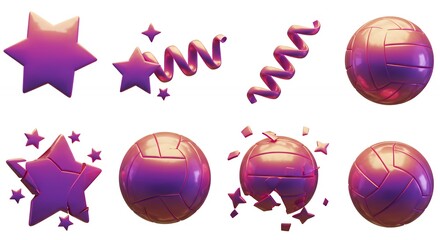 Purple and pink 3 d volleyball and star symbols
