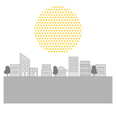 グレーのビルと木々で構成されたシンプルな町並みのイラスト