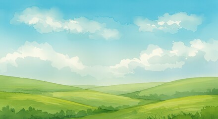 Fototapeta premium Serene Rolling Hills Under a Summer Sky: A Watercolor Landscape