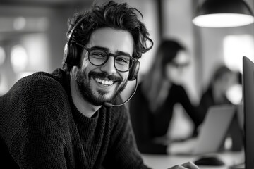 Customer service representative assisting clients in modern office environment engaging with technology professional setting smiling viewpoint for enhanced interaction