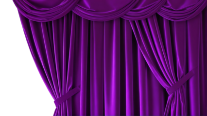 Luxurious velvet stage curtains in rich purple isolated on transparent background