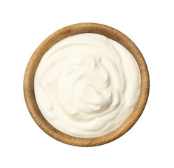 Tasty sour cream in bowl isolated on white, top view