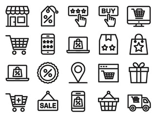 Collection of modern line art icons representing online shopping and retail concepts
