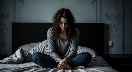 Fototapeta premium Sad young woman sitting alone on bed, dark moody bedroom, emotional distress, mental health.