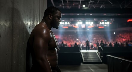 A muscular man, likely a boxer, stands in a backstage area of a stadium, looking pensive before a fight.
