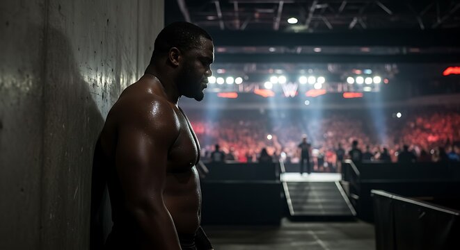 A muscular man, likely a boxer, stands in a backstage area of a stadium, looking pensive before a fight. - Powered by Adobe