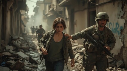 Fototapeta premium Soldiers Amidst Destruction, Military Action, and Rescue Operations in a War-Torn City, Helicopter Assistance and Combat Missions