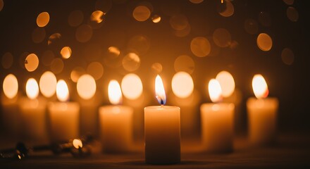 Warm, glowing candles are lit, creating a soft, blurred bokeh effect in the background, suggesting a peaceful and reflective atmosphere.