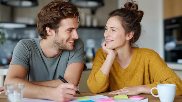 Young man woman remote work culture digital nomads planning project together home with sticky notes coffee cup smiling happily collaborating ideas