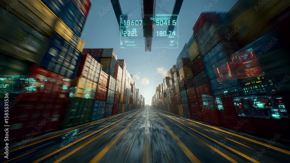 Poster futuristic cargo cranes operating at a container terminal utilize augmented reality and data trackin