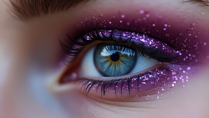 Close up of female eye with purple glitter eye shadow 