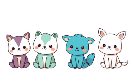 Fototapeta premium Vier farbenfrohe Chibi-Tiere in einer Reihe, digital illustriert. Perfekt für Kinderdesigns, Sticker und fröhliche Printprojekte mit transparentem Hintergrund.