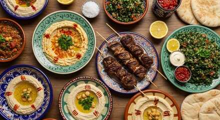 Exquisite Mezze Platter: A Captivating Still Life of Middle Eastern Cuisine on a Wooden Table