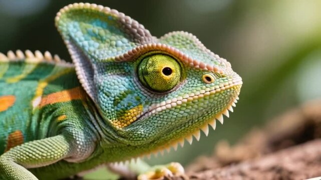 a veiled chameleon (Chamaeleo calyptratus) showcasing its distinctive casque and independently rotating eyes, perfect for lizard day