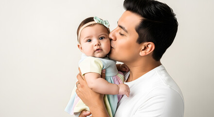 Young Father Kissing Baby Girl on Cheek with Love
