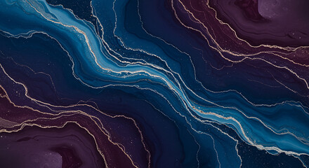 Abstract flowing waves of deep blue and purple with shimmering gold veins