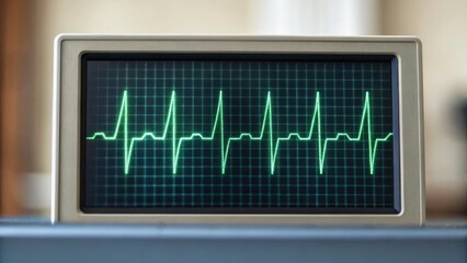 A close-up of a heart rate monitor displaying an electrocardiogram (ECG) with a green waveform on a grid background.