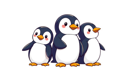 Fototapeta premium Drei lustige Chibi-Pinguine mit rosa Bäckchen in einer Reihe. Perfekt für Winterdesigns, Weihnachtskarten und Kinderprojekte mit transparentem Hintergrund.