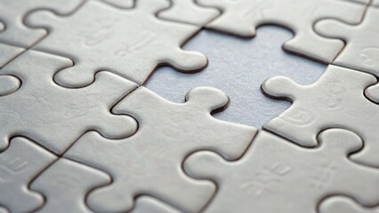 A close-up of a puzzle with one missing piece, emphasizing the incomplete image and the texture of the surrounding pieces.