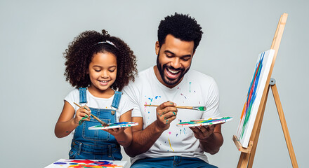 Father and Daughter Painting Together with Joyful Expressions
