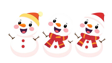 Drei fr&ouml;hliche Schneem&auml;nner mit M&uuml;tze und Schal im Chibi-Stil. Ideal f&uuml;r Weihnachtskarten, Winterdeko und Sticker mit transparentem Hintergrund.