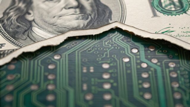 A dollar bill is partially torn, revealing a circuit board underneath, symbolizing the intersection of finance and technology.