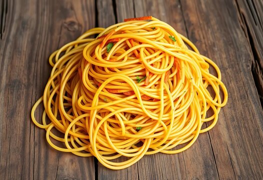 A tangled mound of cooked spaghetti rests on rustic wood,  ingredient,  italian