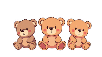 Obraz premium niedliche Teddybären im Chibi-Stil sitzen nebeneinander. Ideal für Baby-Designs, Kinderzimmer-Deko, Sticker und Geschenkideen mit transparentem Hintergrund.