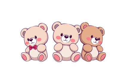 Fototapeta premium niedliche Teddybären im Chibi-Stil sitzen nebeneinander. Ideal für Baby-Designs, Kinderzimmer-Deko, Sticker und Geschenkideen mit transparentem Hintergrund.