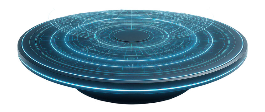 Floating disc with concentric rings of light and rotating holographic overlays.